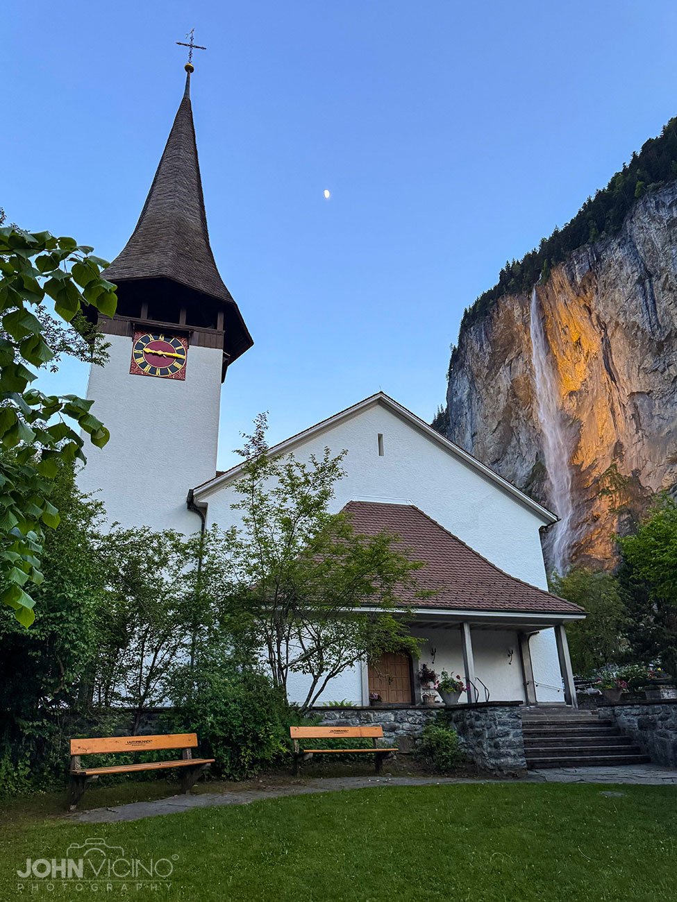 Landmark Photography | Lauterbrunnen Village Church & Staubbach Falls, Switzerland | ©John J. Vicino